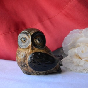 May include: A ceramic owl figurine with brown and black painted details. The owl has large, round eyes with black pupils and white highlights. The figurine is sitting on a white surface.