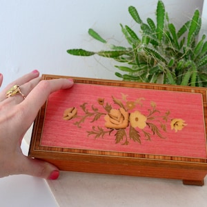 Vintage Swiss Reuge Music Box | Working Mechanism | Pink Floral Inlay | Quality Interior
