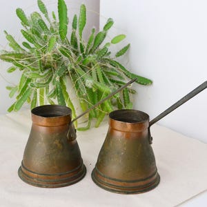 May include: Two antique copper coffee pots with long handles. The pots have a conical shape with a wide base and a narrow top. The copper has a patinaed finish, with shades of brown and green. A green plant is in the background.