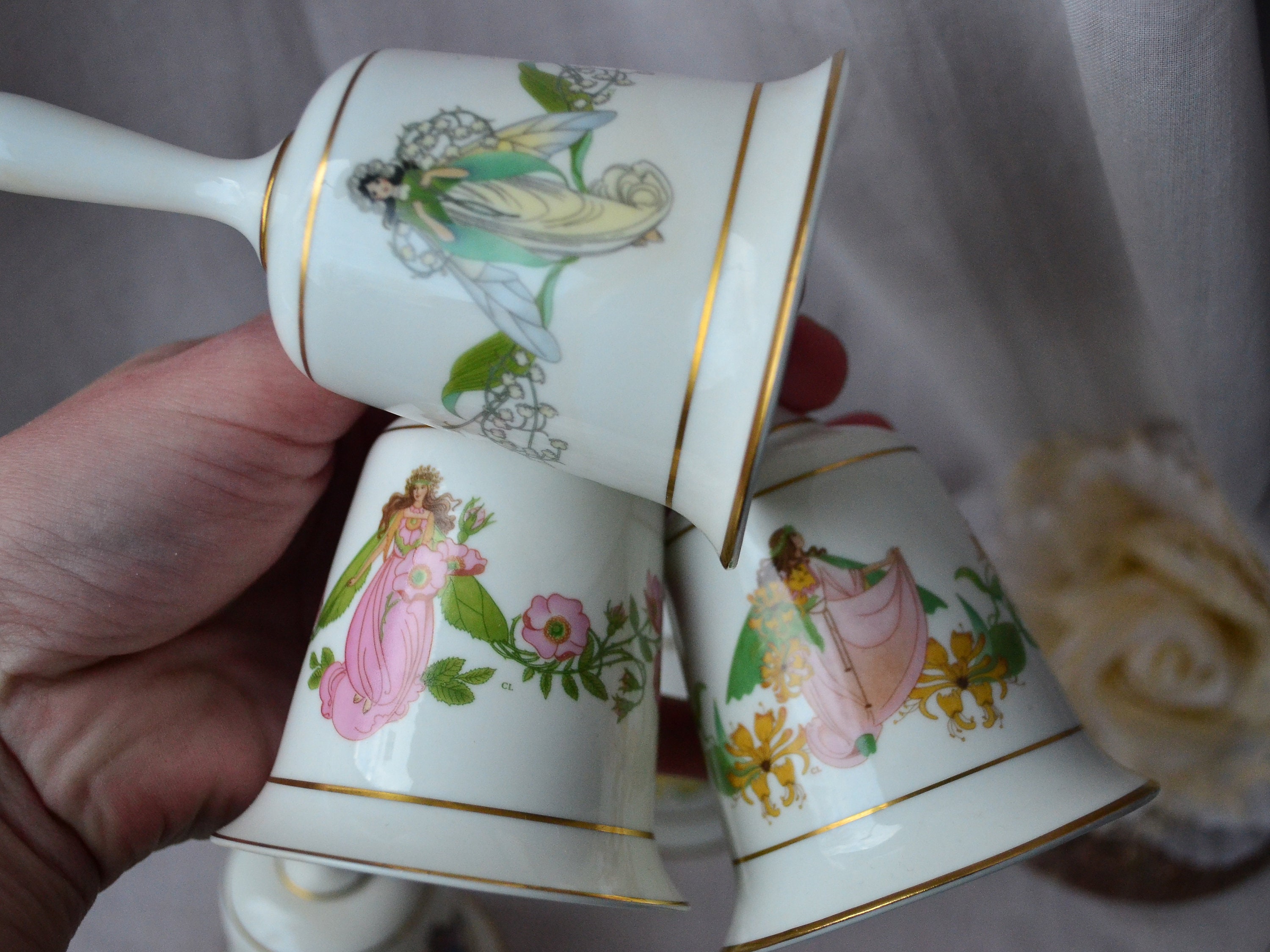 FRANKLIN PORCELAIN ハンドベル 置物 12点 セット 陶器 Franklin Porcelain Enchanted 12 Set Flower Bells Fairy Bells