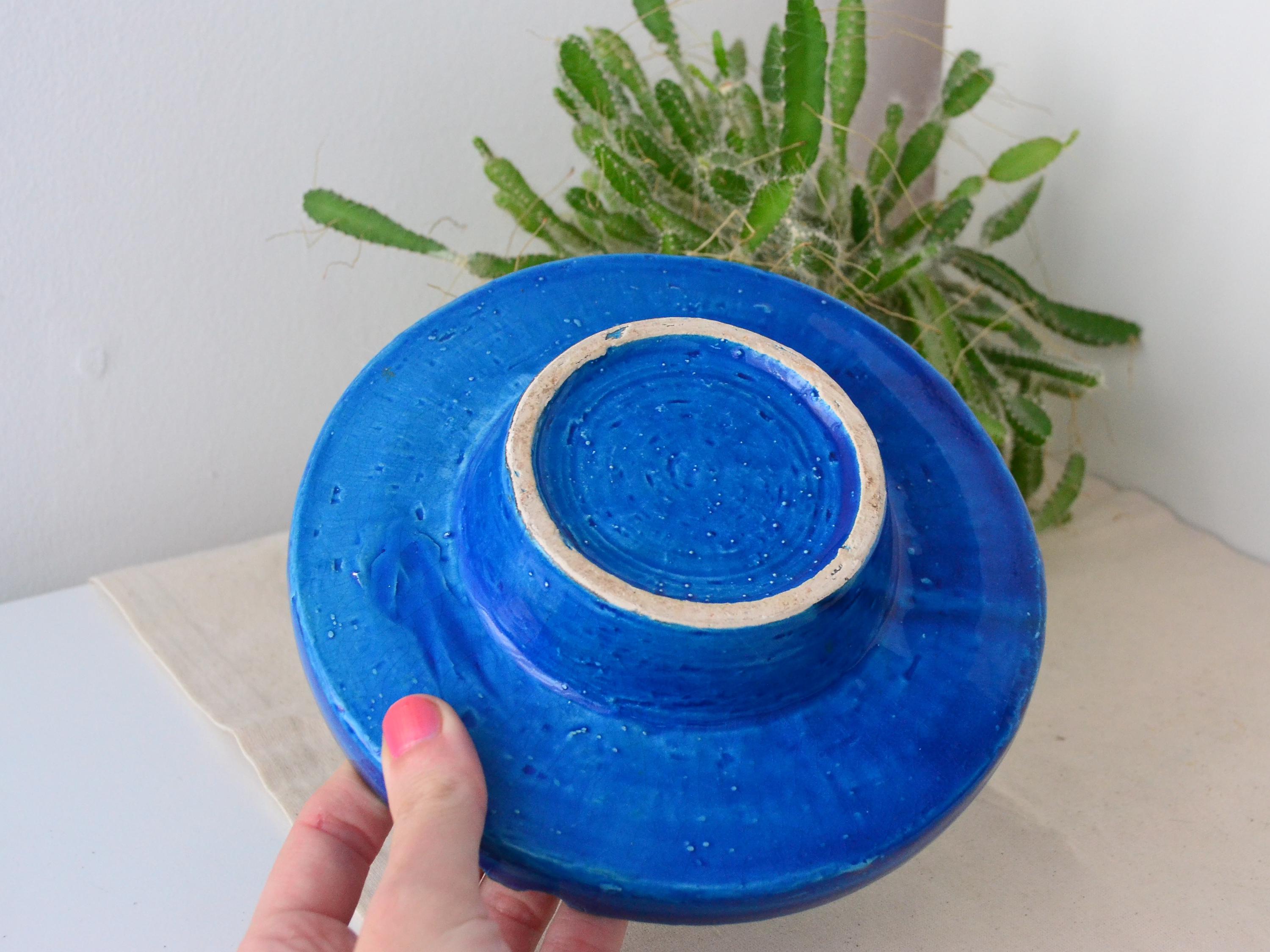 19cm Blue Ceramic Ashtray Rimini Style Geometric Pattern Mid
