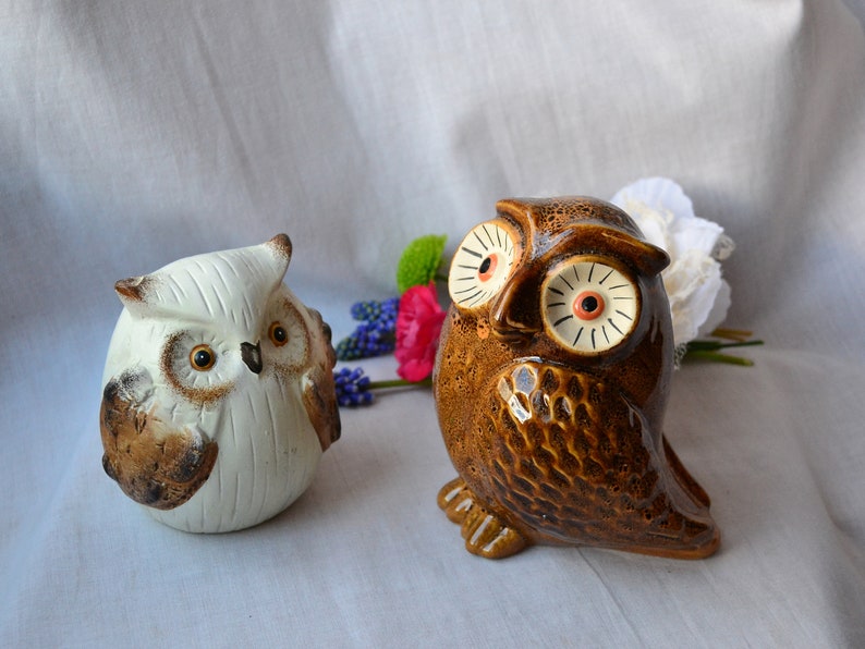 Owl set ornament vintage owl gift ceramic owl figurine owl decor for him owl statue owl stand bird decoration owl pottery ornament brown owl
