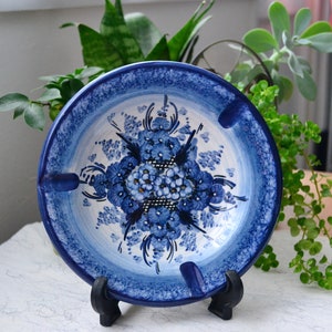 Blue Pottery Ashtray Hand Painted Flowers Ceramic Trinket Dish Flowers Ashtray