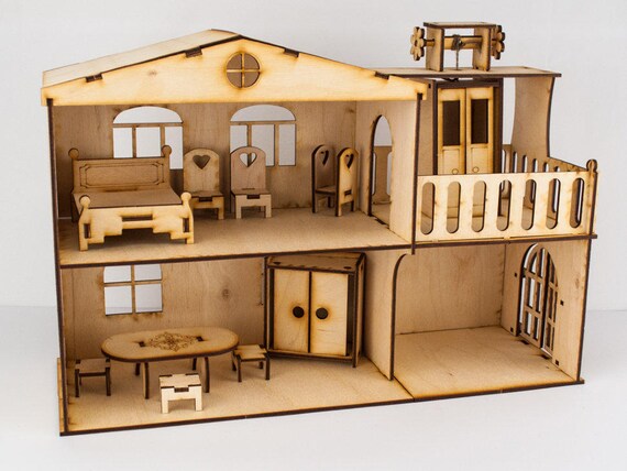 Wooden Doll House with elevator furniture include 9 pcs | Etsy