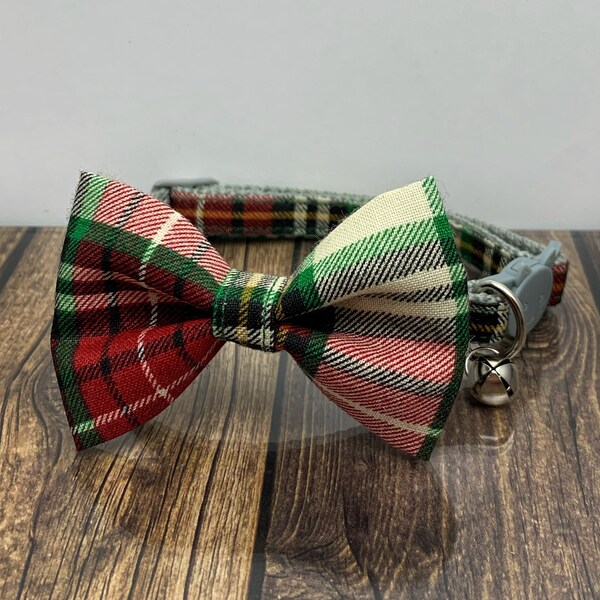 Christmas Cat Collar With Bow Tie - "Fireside Flannel" / Breakaway Cat Collar / Kitten Collar