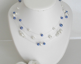 Wedding necklace Nouméa white and royal blue pearls