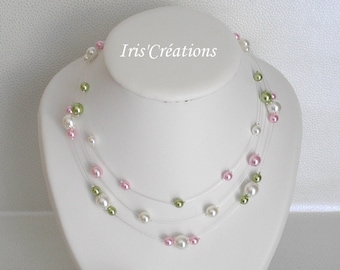 Collier mariage Nouméa perles renaissance blanches rose poudré et vert anis