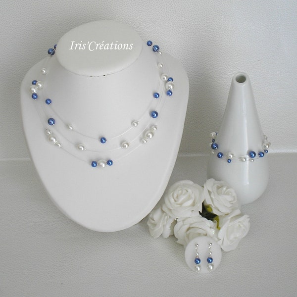 Parure Mariage Nouméa perles blanches et bleues Royal