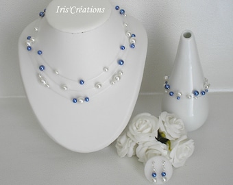 Wedding adornment Nouméa white and blue royal pearls