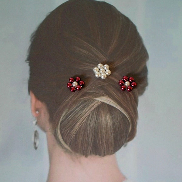 Pic chignon fleur en perles blanches et bordeaux le lot de 6