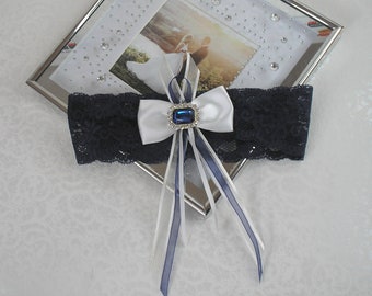 Navy lace garter and ivory bow medallion marquise blue rhinestones and crystal