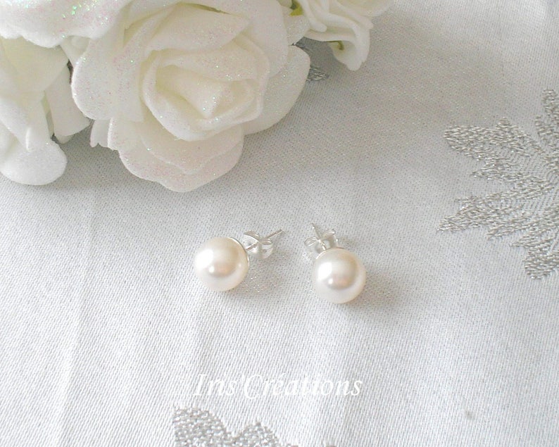 Boucles d'oreilles ref Perlina perle Swarovski 10 mm blanche sur clou argenté image 1