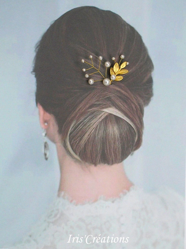 Parure pic chignon ref Gloria Feuillage Doré et perles renaissance blanches image 1