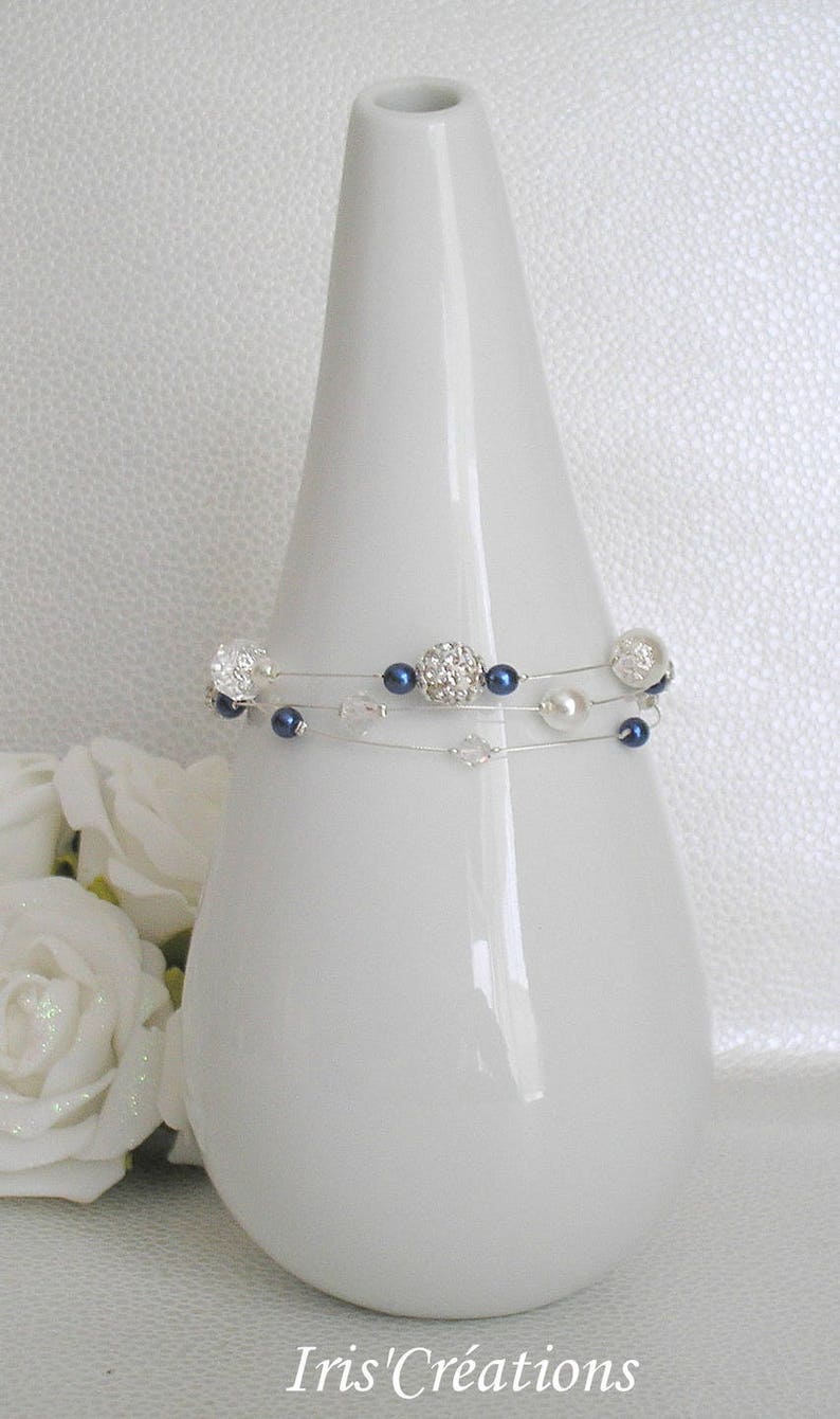 Bracelet Mariage Romancia blanc bleu nuit cristal de swarovski et strass image 1