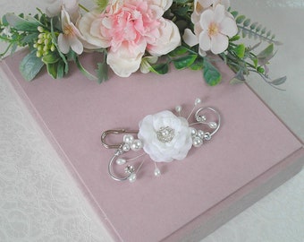 Tie tie tail ref Camellia flower and white pearls and swarovski rhinestones