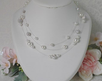 Wedding necklace Nouméa Strass white pearls