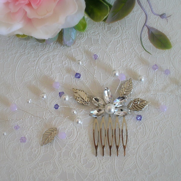 Parure cheveux sur peigne ref Félicia argenté strass perles blanches cristal de swarovski rose parme et violet