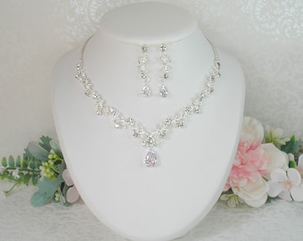 Wedding necklace and silver crystal rhinestone earrings