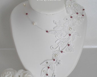 Collier Mariage Sofia dentelle blanc cassé ivoire clair perles bordeaux et strass de swarovski