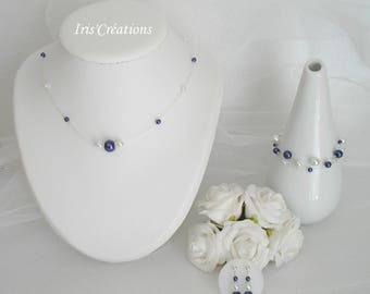 Wedding adornment Delia blue beads night and white the 3 pieces