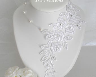 Collier Mariage Louisa dentelle blanche perles blanches et strass