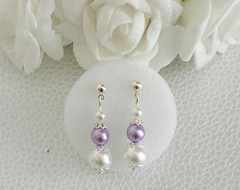 Boucles d'oreilles mariage Victoria blanches et parme