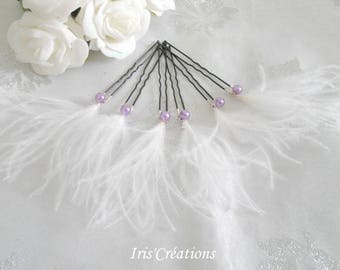 Pic à chignon plumes d'autruches blanches et perles mauve lot de 6