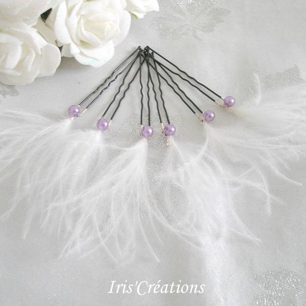 Pic à chignon plumes d'autruches blanches et perles mauve lot de 6