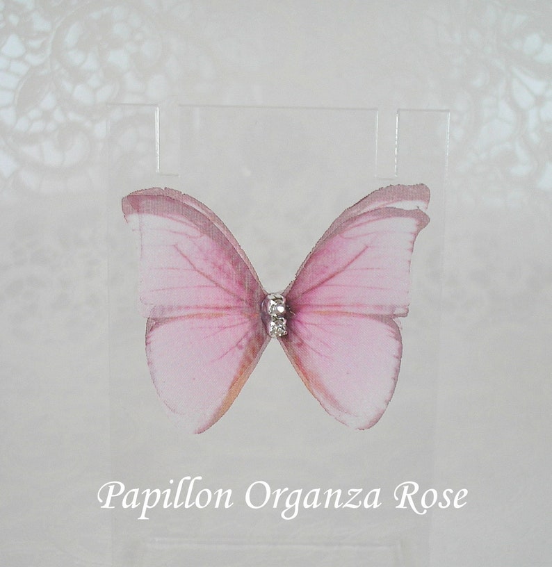 Isélia Butterfly bun picks double organza Pink blue or purple and white pearls set of 6 Papillon rose