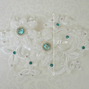 Garter double flowers off-white lace beads and rhinestones turquoise crystal of swarovski image 4