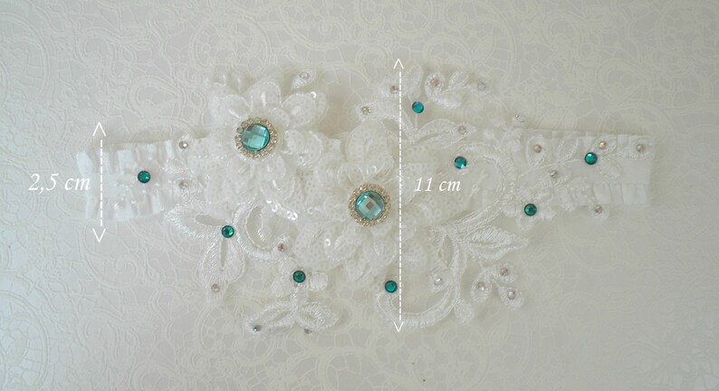 Garter double flowers off-white lace beads and rhinestones turquoise crystal of swarovski image 4