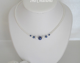 Collier Mariage Gina perles renaissance blanches et bleu nuit