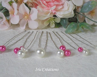 Duttspieß aus weißen und fuchsiarosafarbenen Renaissance-Perlen in mehreren Größen, 6er-Set