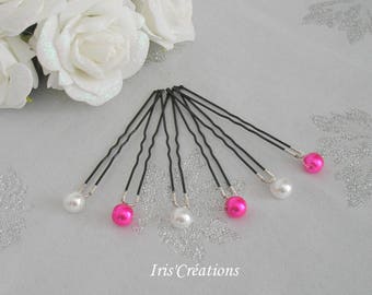 Pic chignon perles renaissance blanches et fuchsia lot de 6