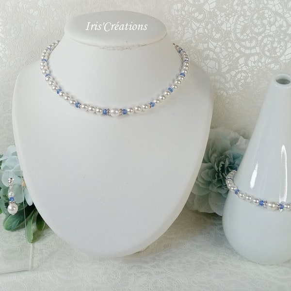 Parure Mariage Lysiana perles renaissance blanches cristal bleu et rondelle strass