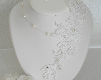 Wedding Necklace Sofia Lace Guipure of Venice Off-White Clear Ivory Pearls and Rhinestones of Swarovski