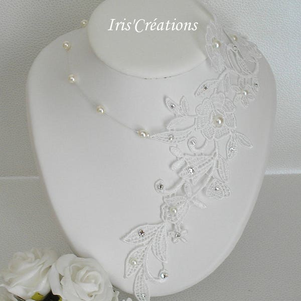 Hochzeitskette Sofia Spitze Guipure von Venedig Off-White Clear Ivory Perlen und Strasssteine von Swarovski