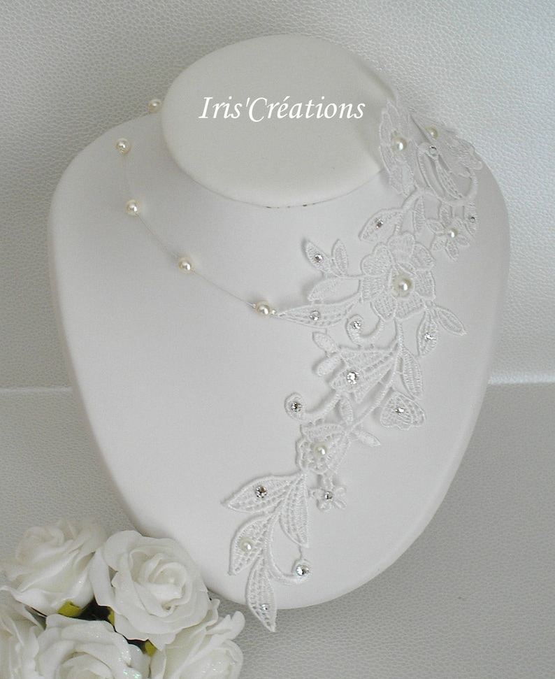 Wedding Necklace Sofia Lace Guipure of Venice Off-White Clear Ivory Pearls and Rhinestones of Swarovski image 1