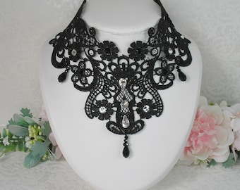 Wedding Necklace Shana Lace Guipure of Venice Black Beads and Rhinestones of Swarovski