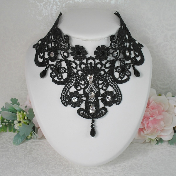 Collier Mariage Shana dentelle guipure de venise noir perles et strass de swarovski