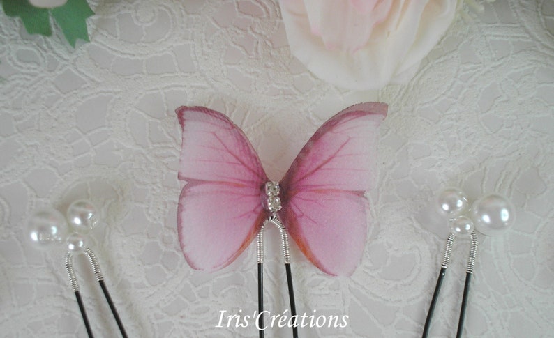 Isélia Butterfly bun picks double organza Pink blue or purple and white pearls set of 6 image 4