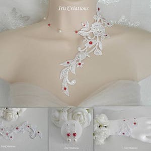 Parure Mariage Sofia dentelle blanche perles et strass de swarovski blanc et rouge image 1