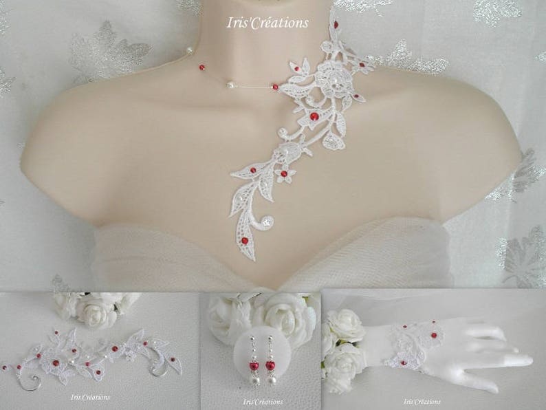 Parure Mariage Sofia dentelle blanche perles et strass de swarovski blanc et rouge image 1