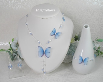 Parure Isélia Papillon organza bleu perles blanches et cristal de swarovski bleu ou rose ou violet