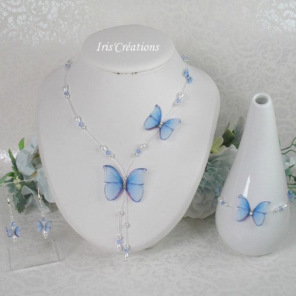 Parure Isélia Papillon organza bleu perles blanches et cristal de swarovski bleu ou rose ou violet