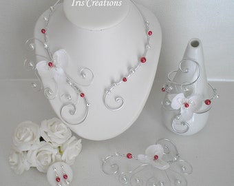 Parure Mariage 4 pièces Victoria  blanc rouge et strass de swarovski