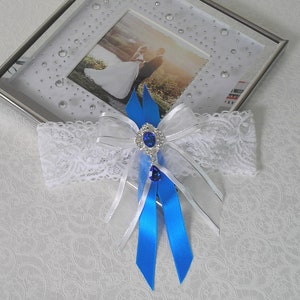 White lace garter Marquise ribbon pendant and royal blue rhinestones