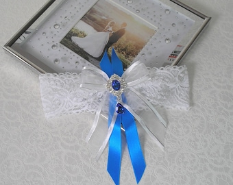 White lace garter Marquise ribbon pendant and royal blue rhinestones