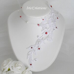 Parure Mariage Sofia dentelle blanche perles et strass de swarovski blanc et rouge image 4