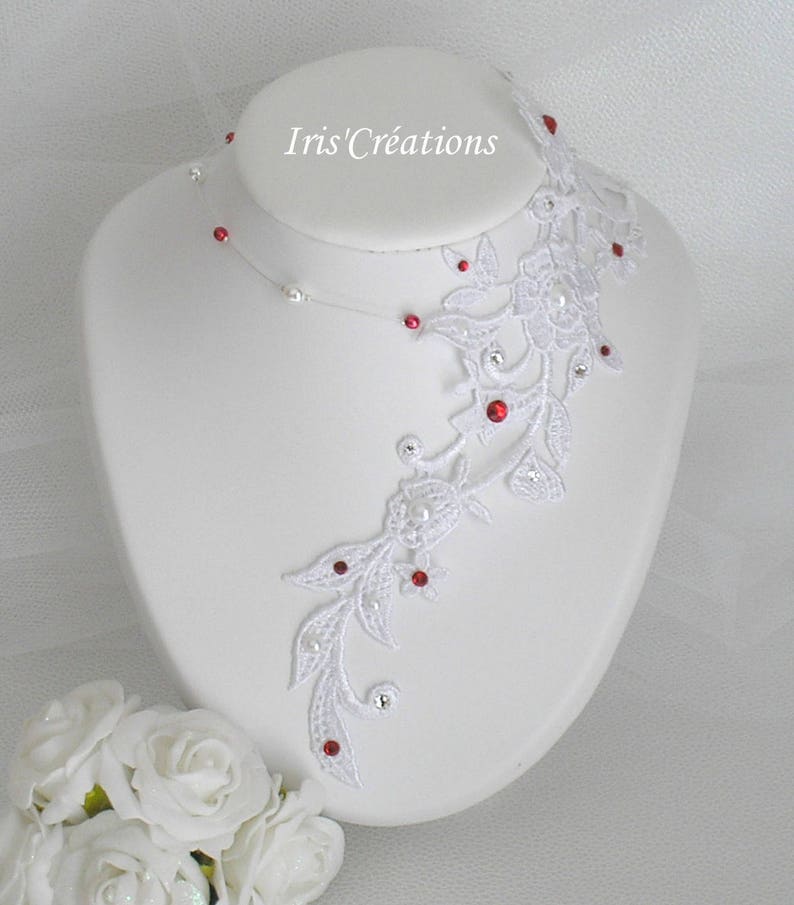 Parure Mariage Sofia dentelle blanche perles et strass de swarovski blanc et rouge image 4